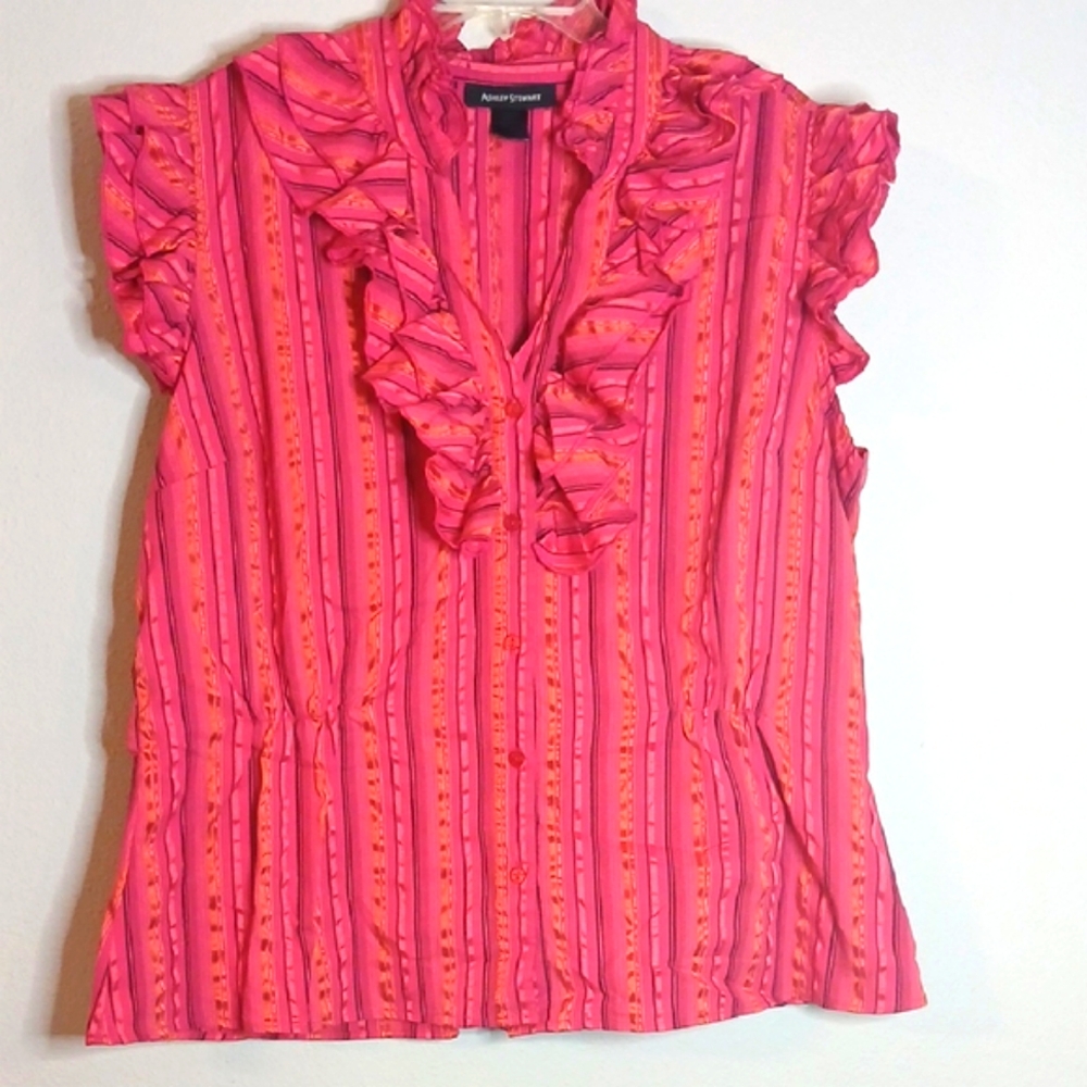Ashley Stewart Orange Mandarin Collar Ruffled Blouse